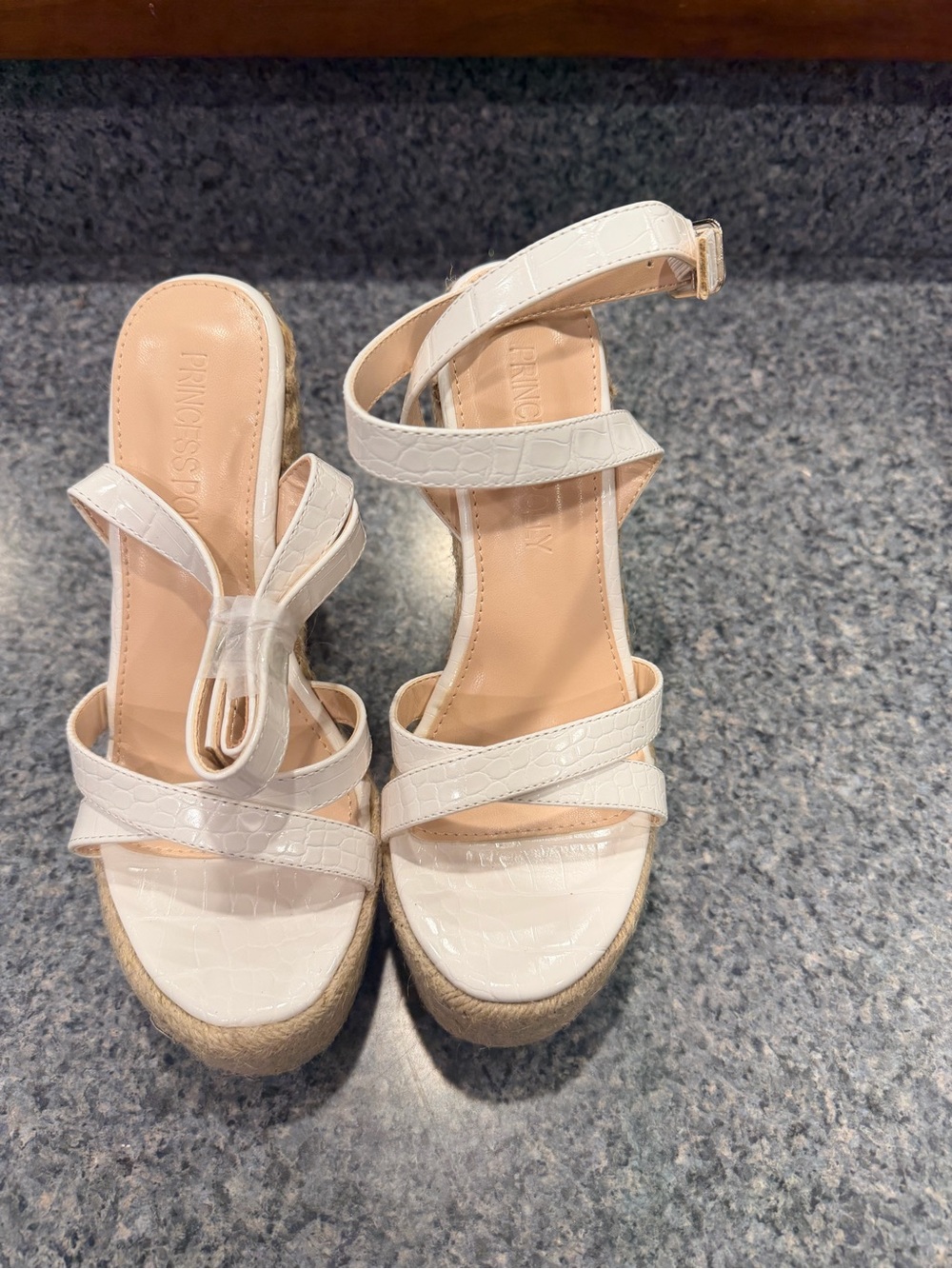 Princess Polly White Croc-Embossed Espadrille Wedge Sandals with Ankle Strap